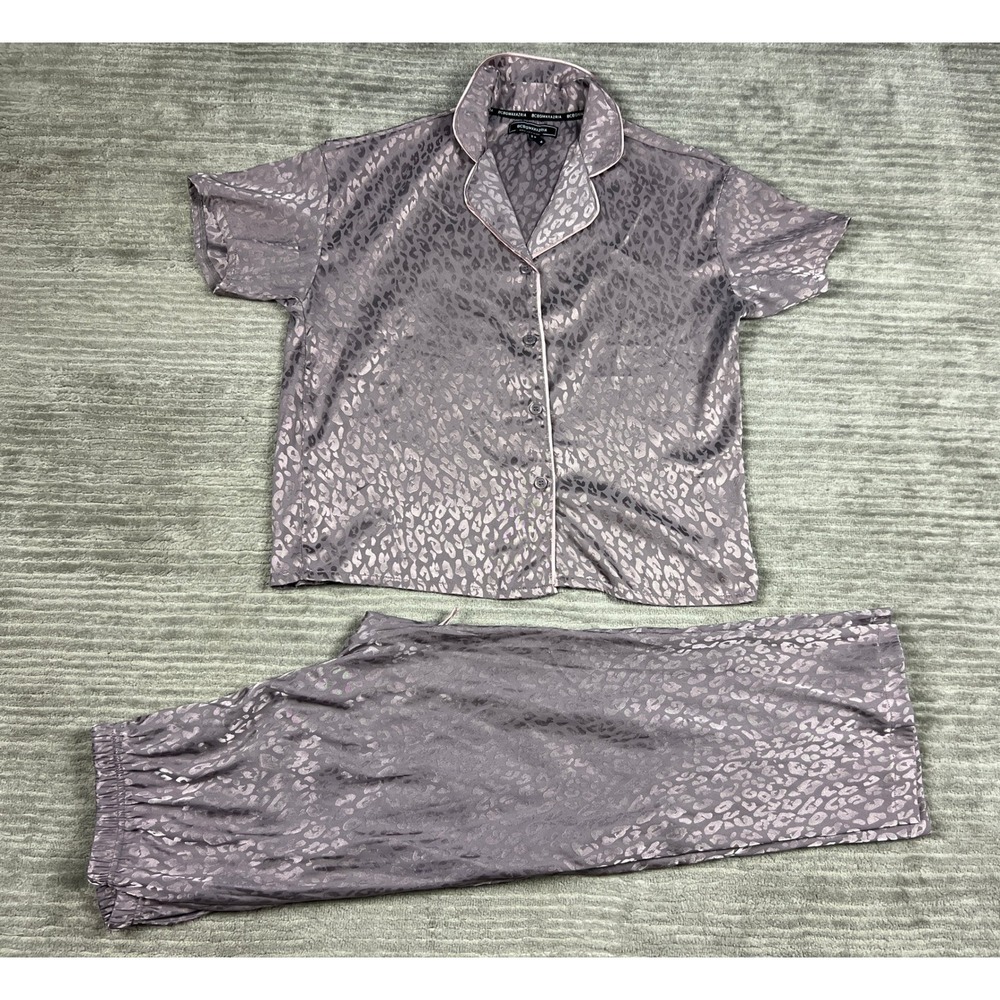 BCBGMAXAZRIA Pajama Set Womens Medium Mauve‎ Leopard Satin Jacquard 2pc Lounge